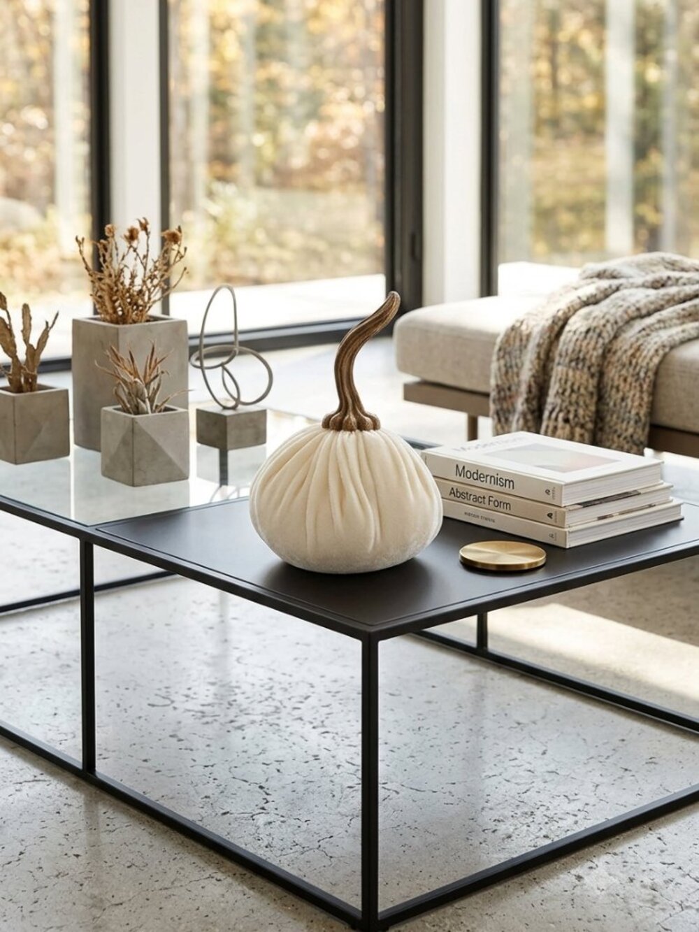 Cream White Velvet Pumpkin Decor with Elegant Curled Stem Modern Fall Tabletop